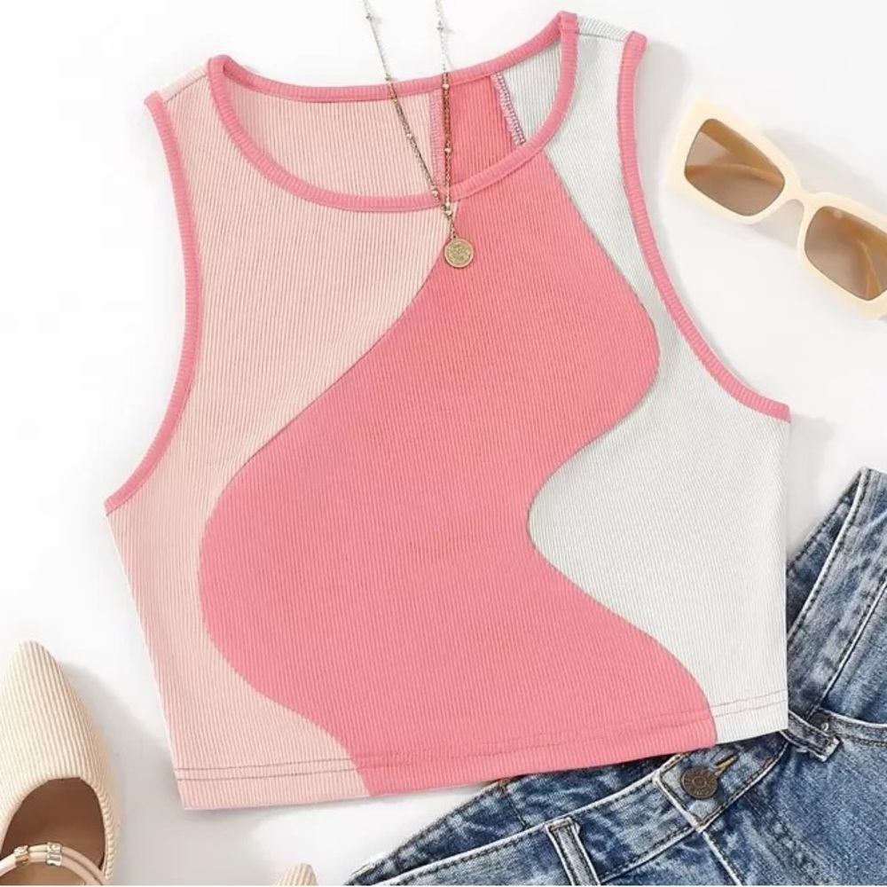 Pink and Cream Women's Tank Top, large
